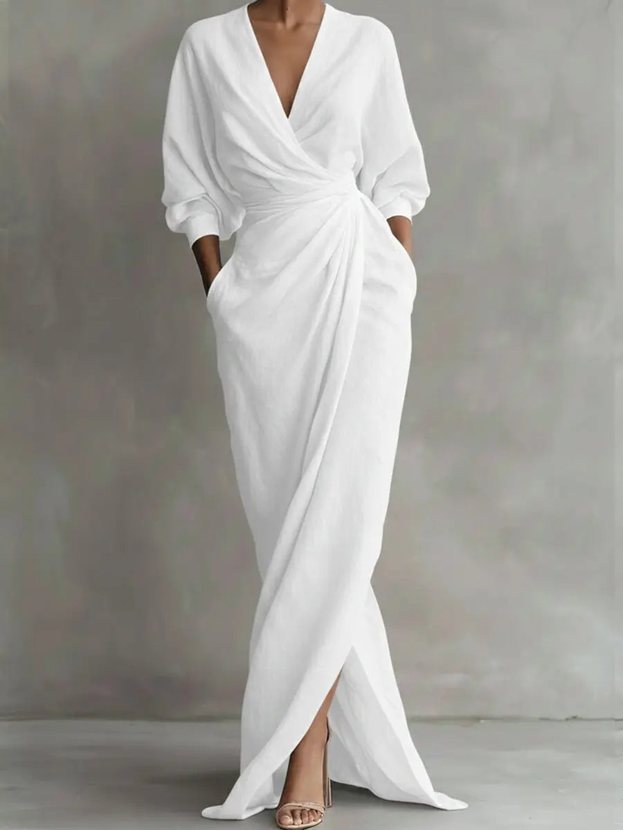 Women's V-Neck Wrap Maxi Long Sleeve Dress Ruched Waist - White