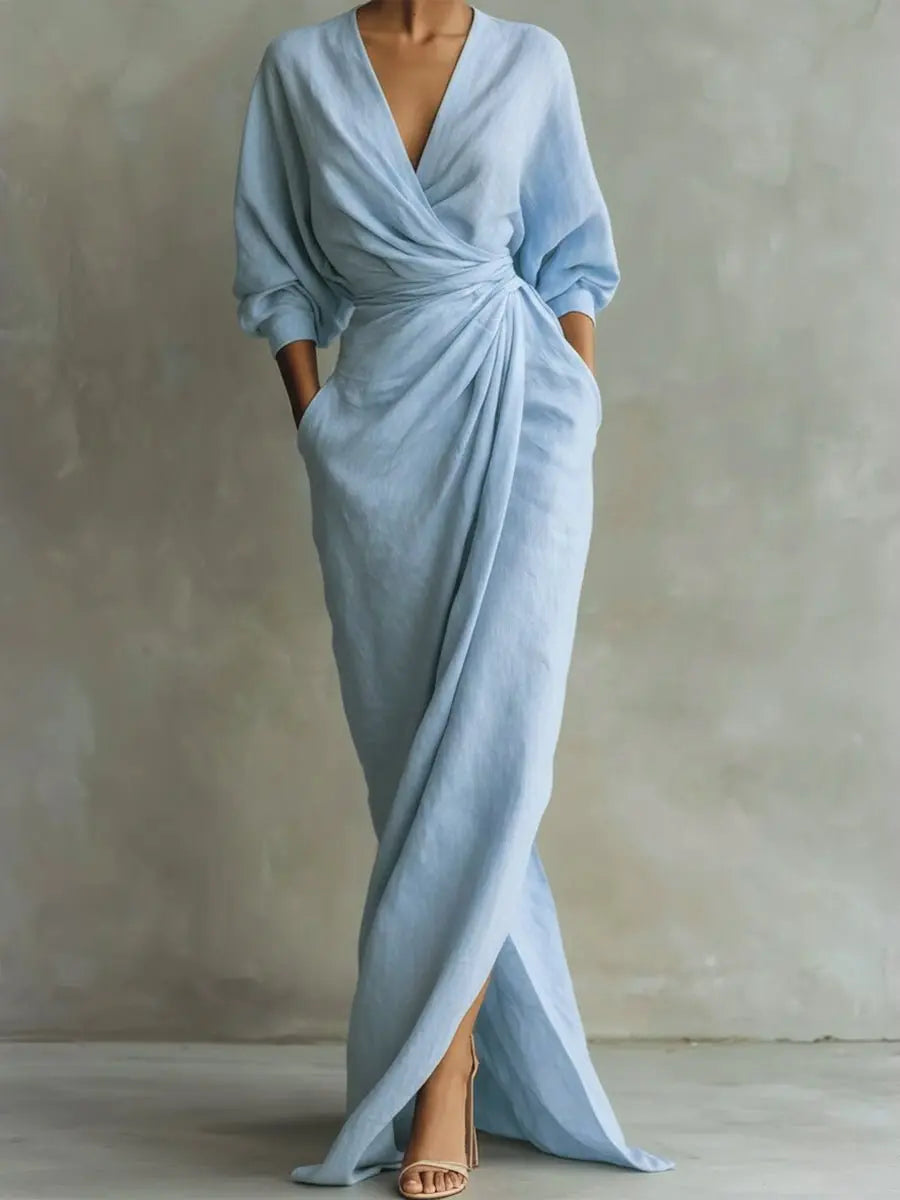 Women's V-Neck Wrap Maxi Long Sleeve Dress Ruched Waist - Light Blue