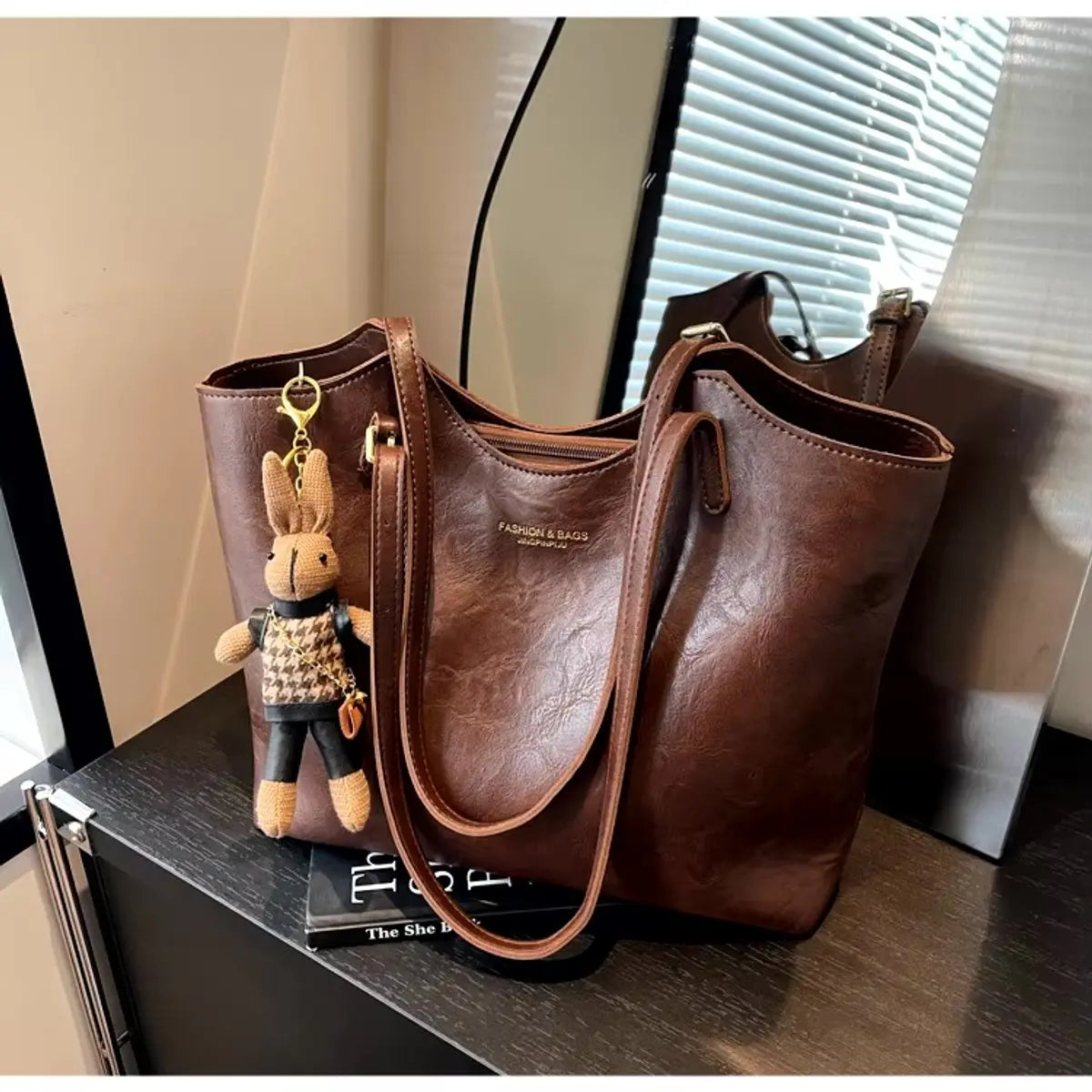 Women's Vegan Leather Shoulder Tote Bag Plush Bunny Charm