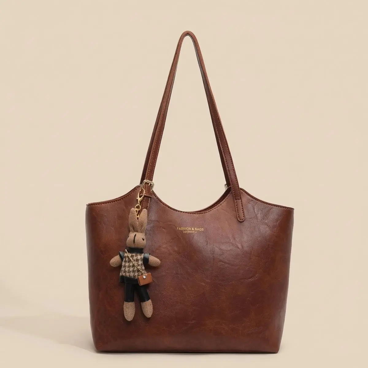 Women's Vegan Leather Shoulder Tote Bag Plush Bunny Charm