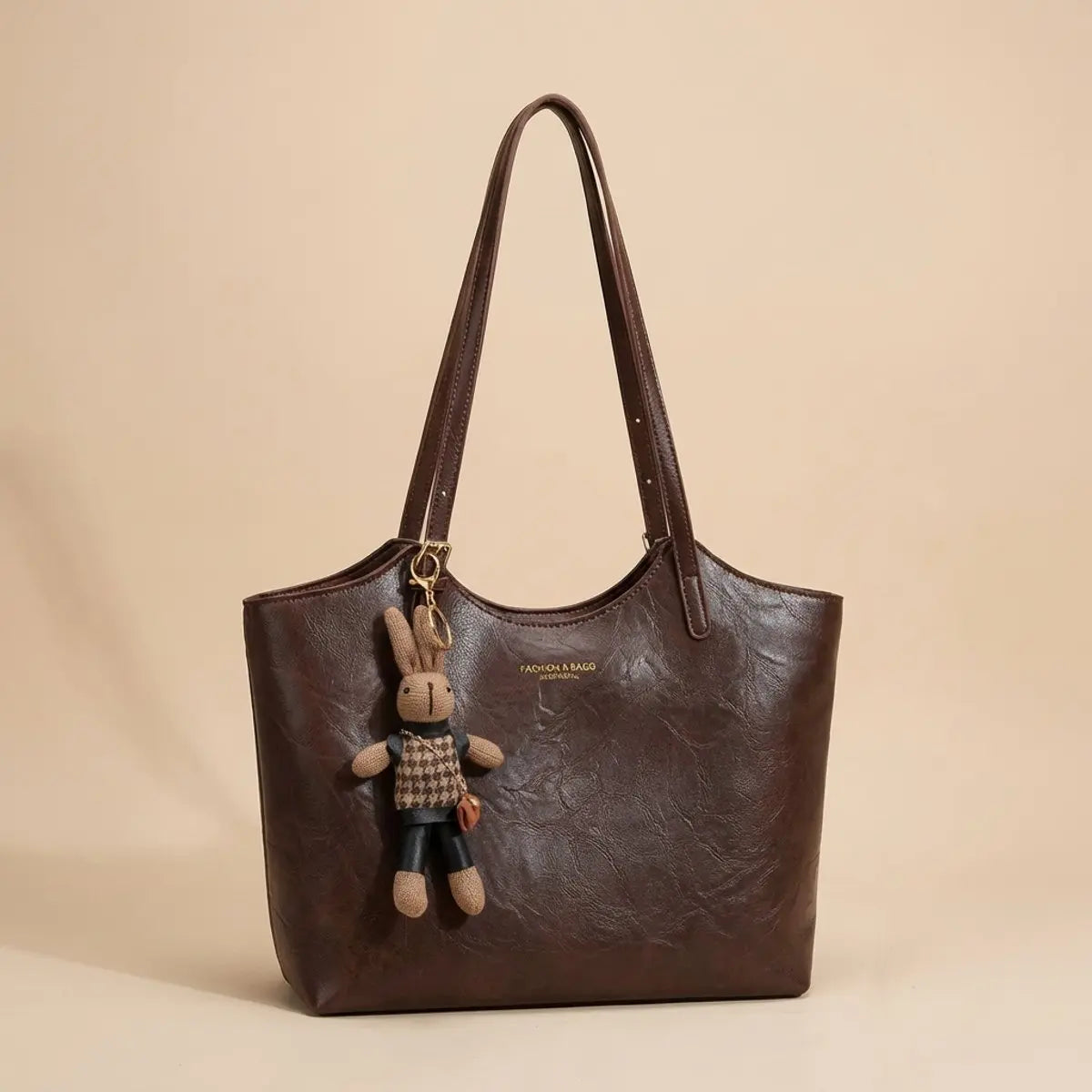 Women's Vegan Leather Shoulder Tote Bag Plush Bunny Charm