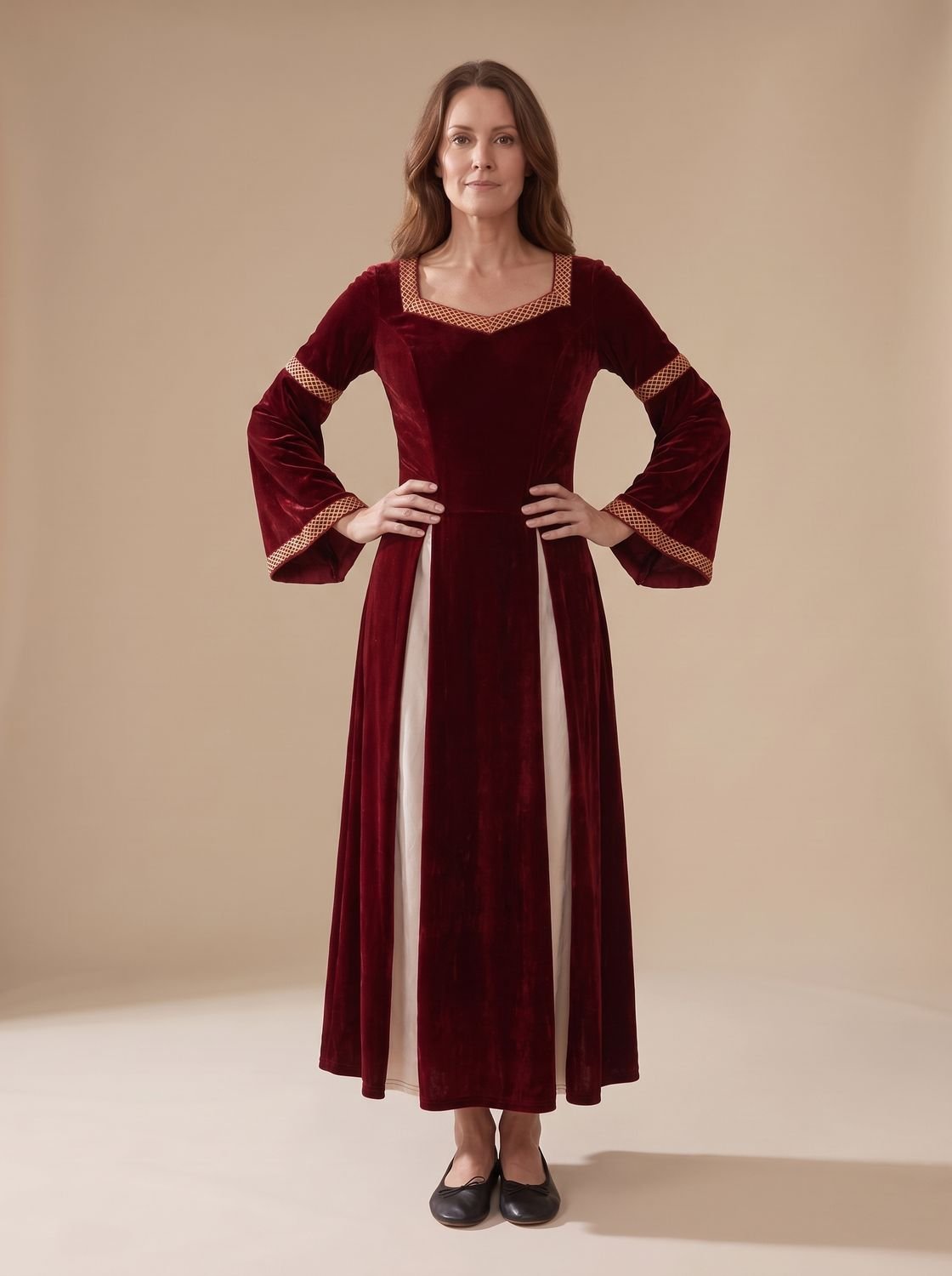 Women's Velvet Dress Defined-Waist Flared-Sleeve Medieval Maxi Gown