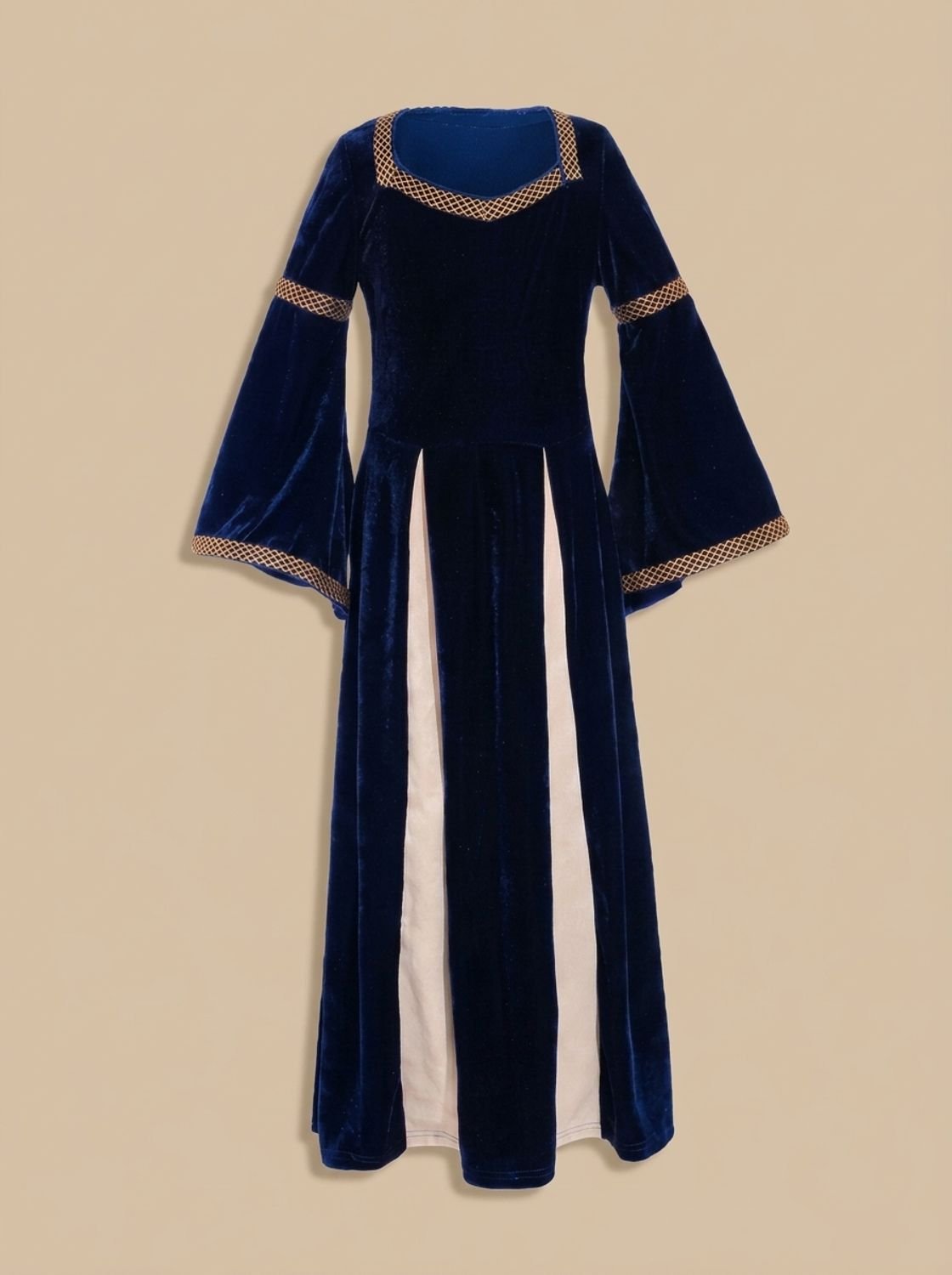 Women's Velvet Dress Defined-Waist Flared-Sleeve Medieval Maxi Gown - Blue