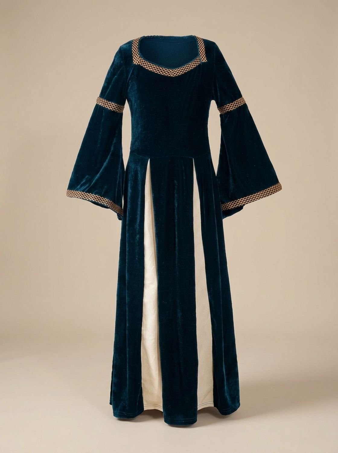 Women's Velvet Dress Defined-Waist Flared-Sleeve Medieval Maxi Gown - Dark Blue