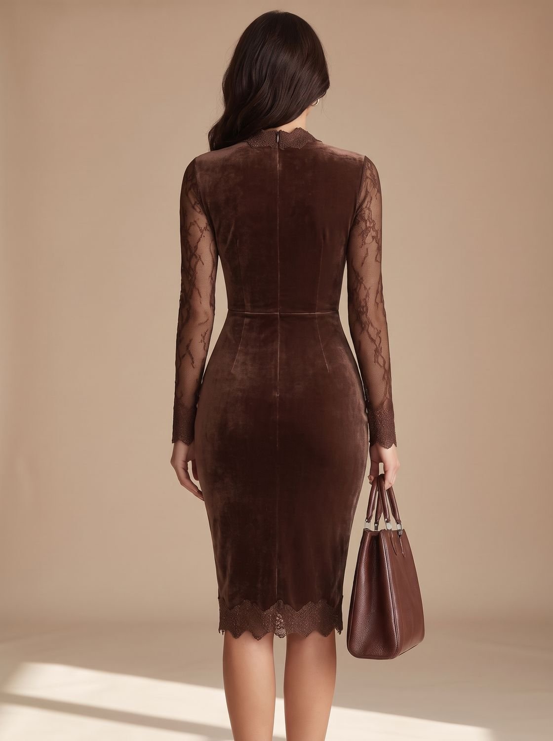 Women's Velvet Dress Lace Sleeve Keyhole Bodycon Midi