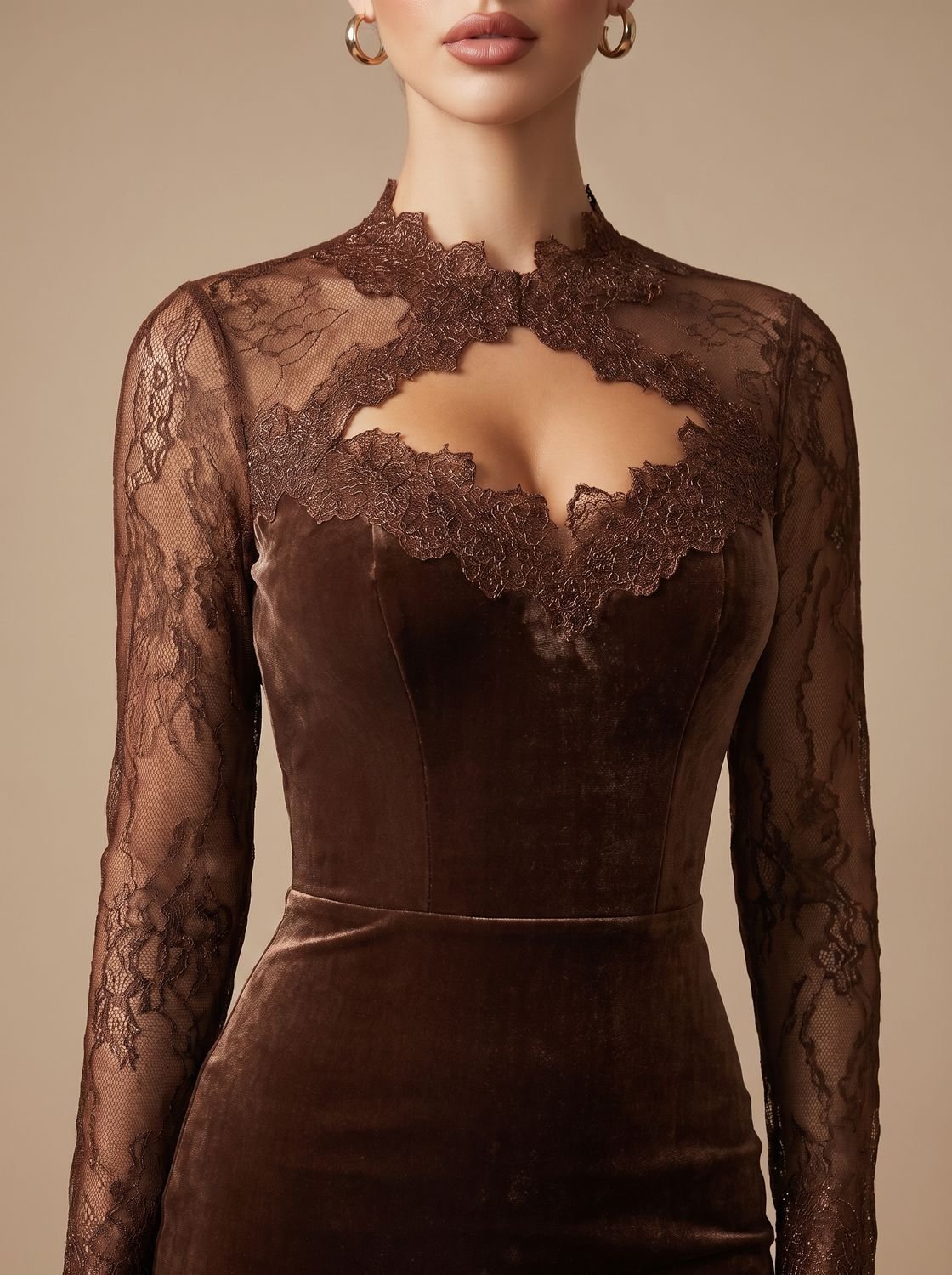 Women's Velvet Dress Lace Sleeve Keyhole Bodycon Midi