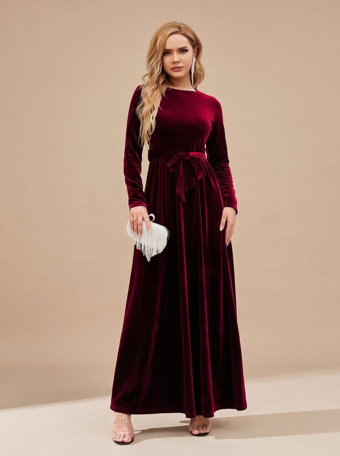 Women's Velvet Dress Long-Sleeve A-Line Belted Maxi Gown - Burgundy