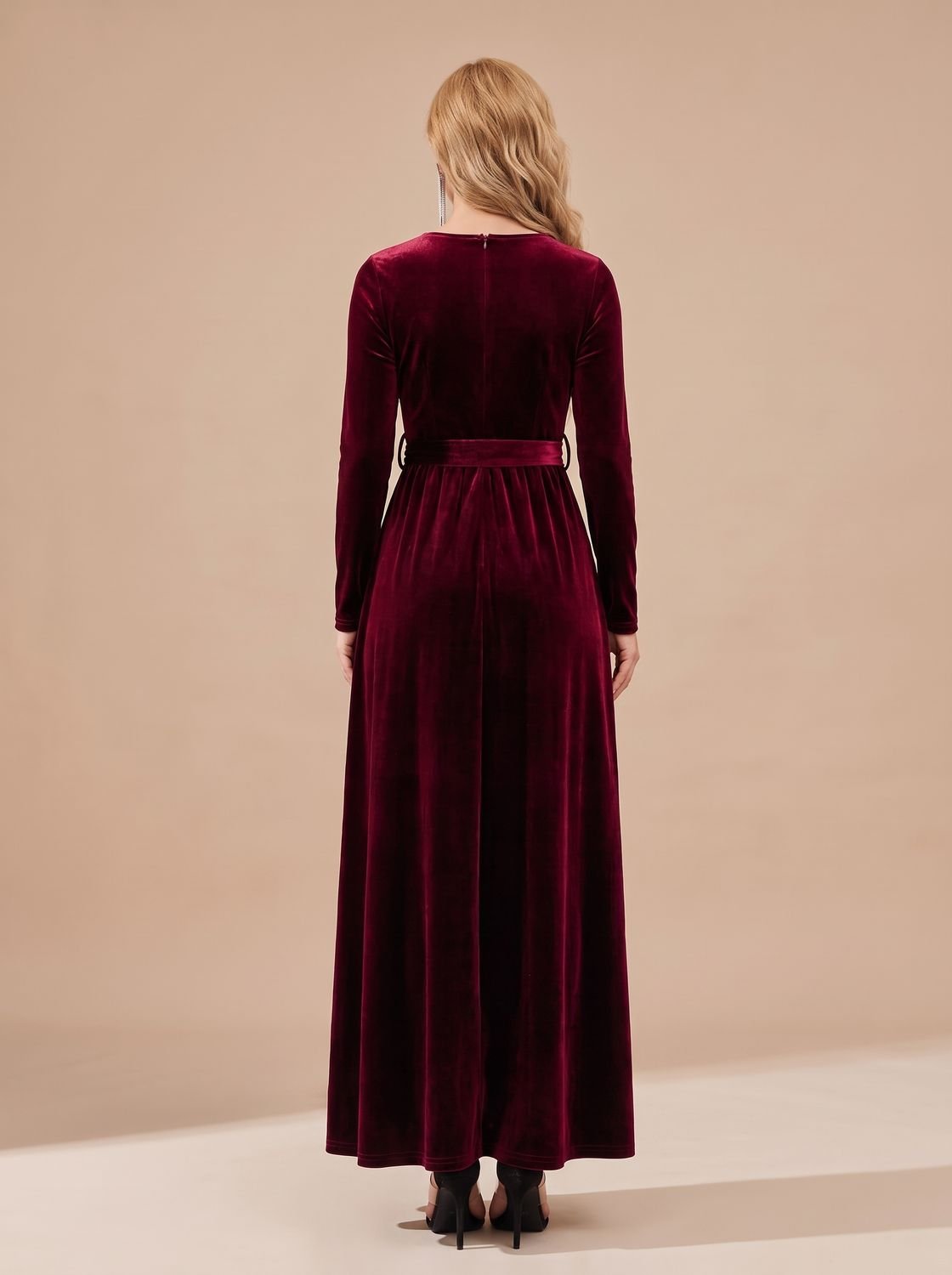 Women's Velvet Dress Long-Sleeve A-Line Belted Maxi Gown