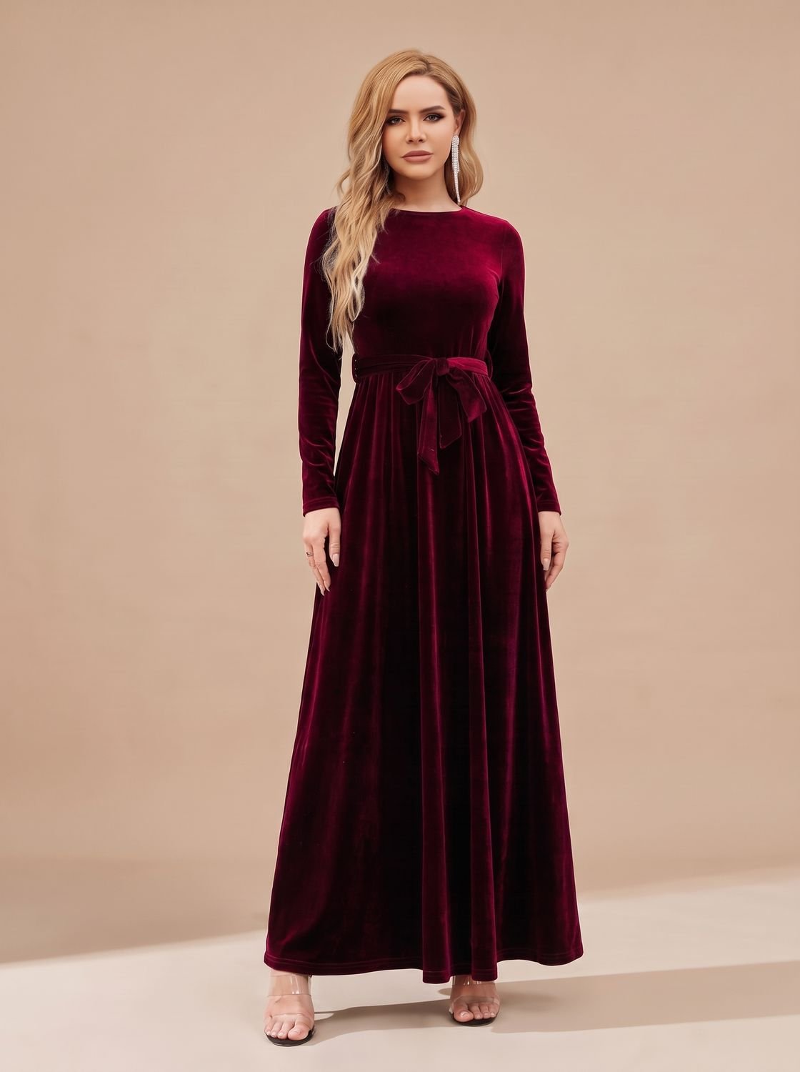 Women's Velvet Dress Long-Sleeve A-Line Belted Maxi Gown
