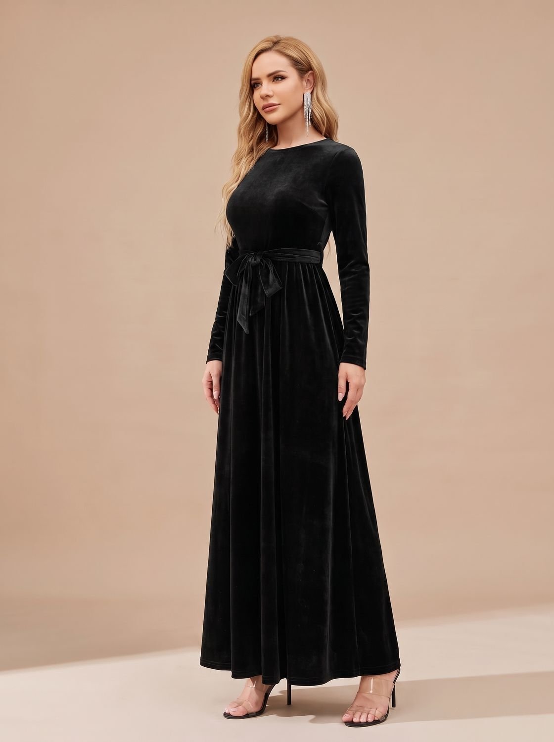 Women's Velvet Dress Long-Sleeve A-Line Belted Maxi Gown - Black