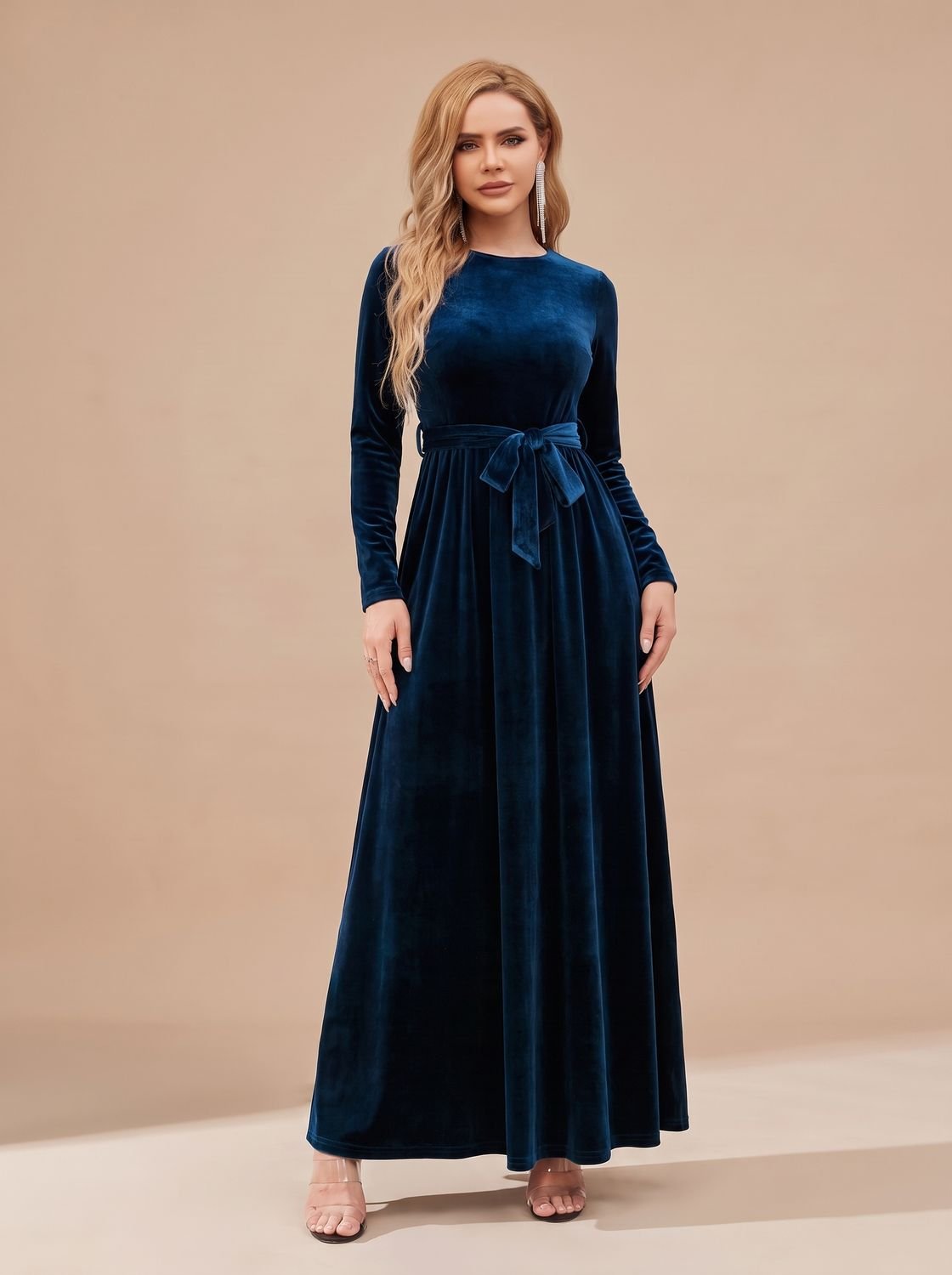 Women's Velvet Dress Long-Sleeve A-Line Belted Maxi Gown - Blue