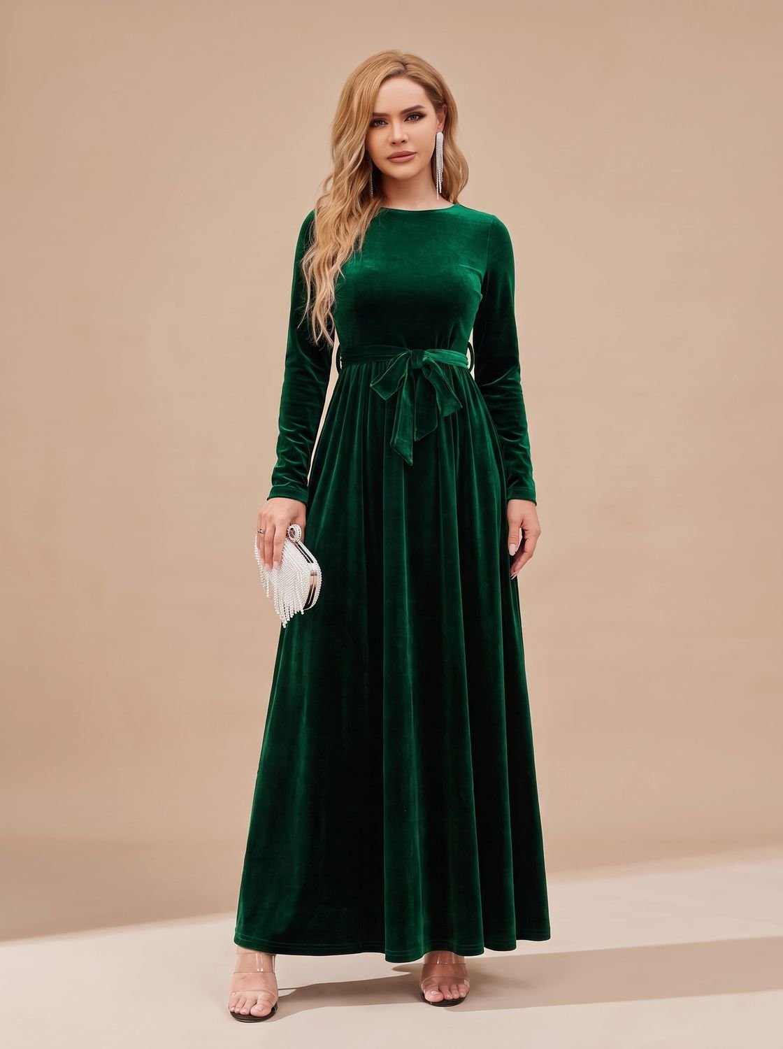 Women's Velvet Dress Long-Sleeve A-Line Belted Maxi Gown - Green