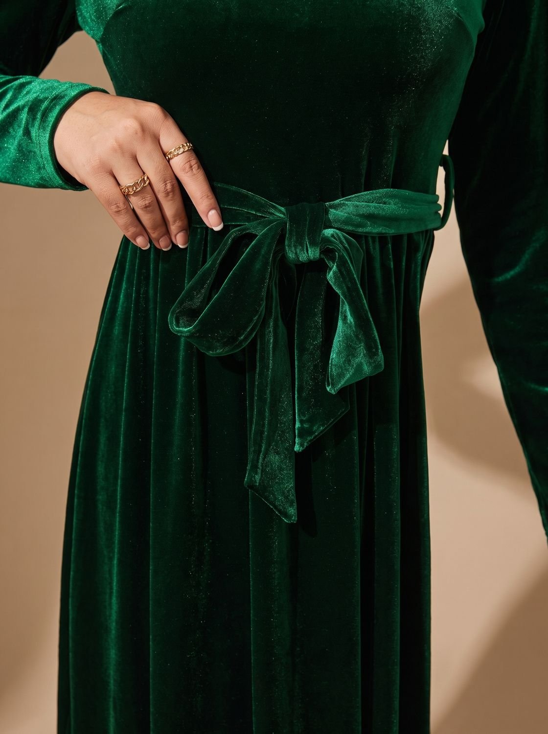Women's Velvet Dress Long-Sleeve A-Line Belted Maxi Gown