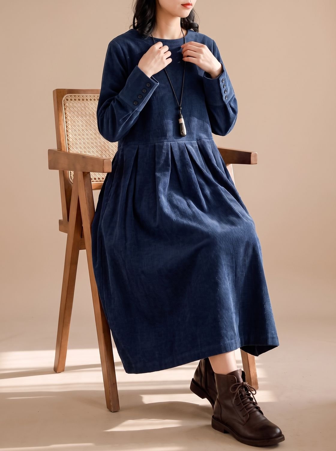 Women's Velvet Dress Long-Sleeve Pleated Midi Swing - Blue