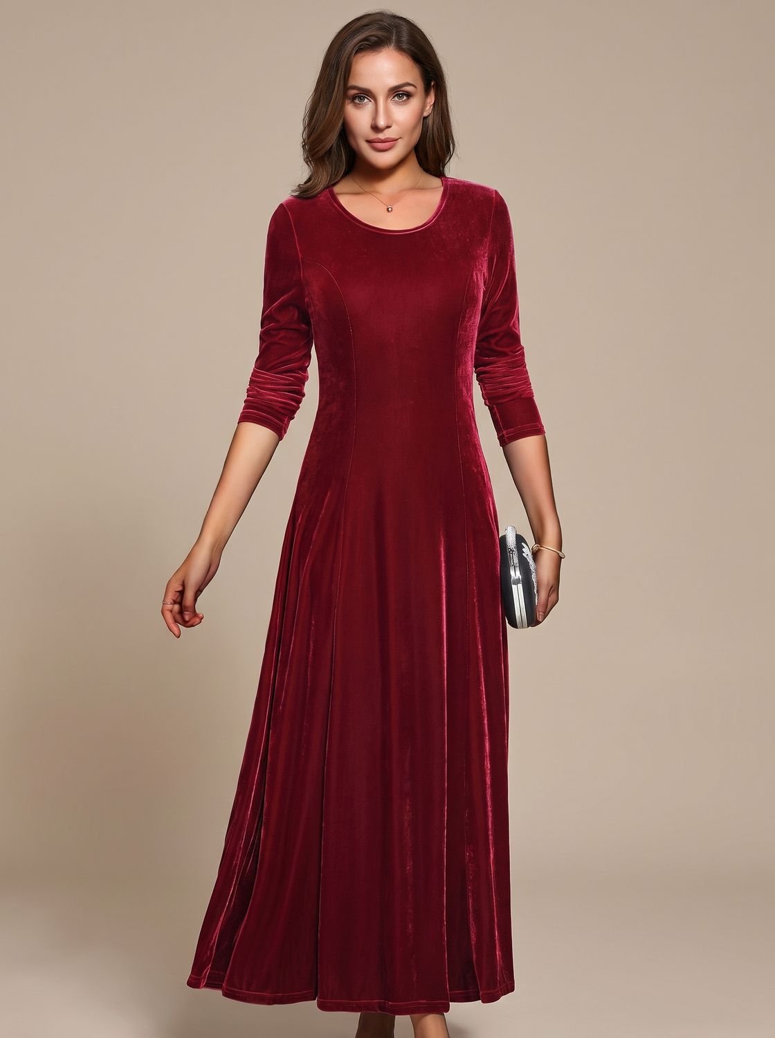 Women's Velvet Dress Long-Sleeve Round-Neck Maxi Dress - Red