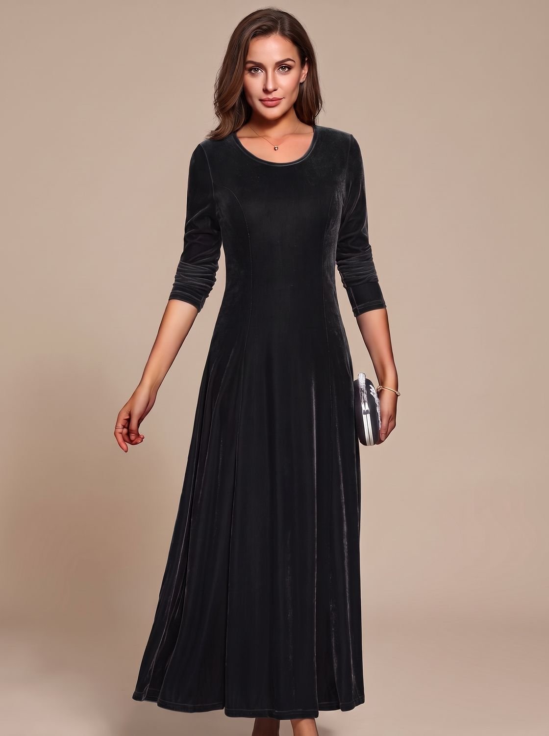 Women's Velvet Dress Long-Sleeve Round-Neck Maxi Dress - Black