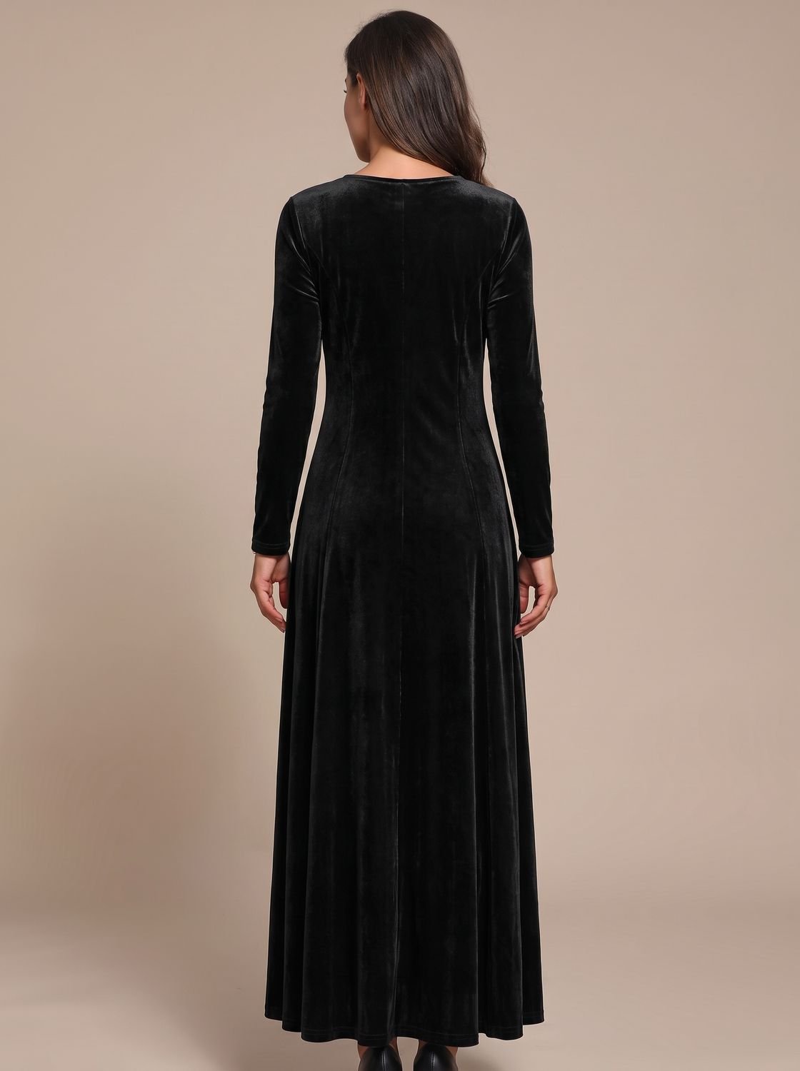 Women's Velvet Dress Long-Sleeve Round-Neck Maxi Dress