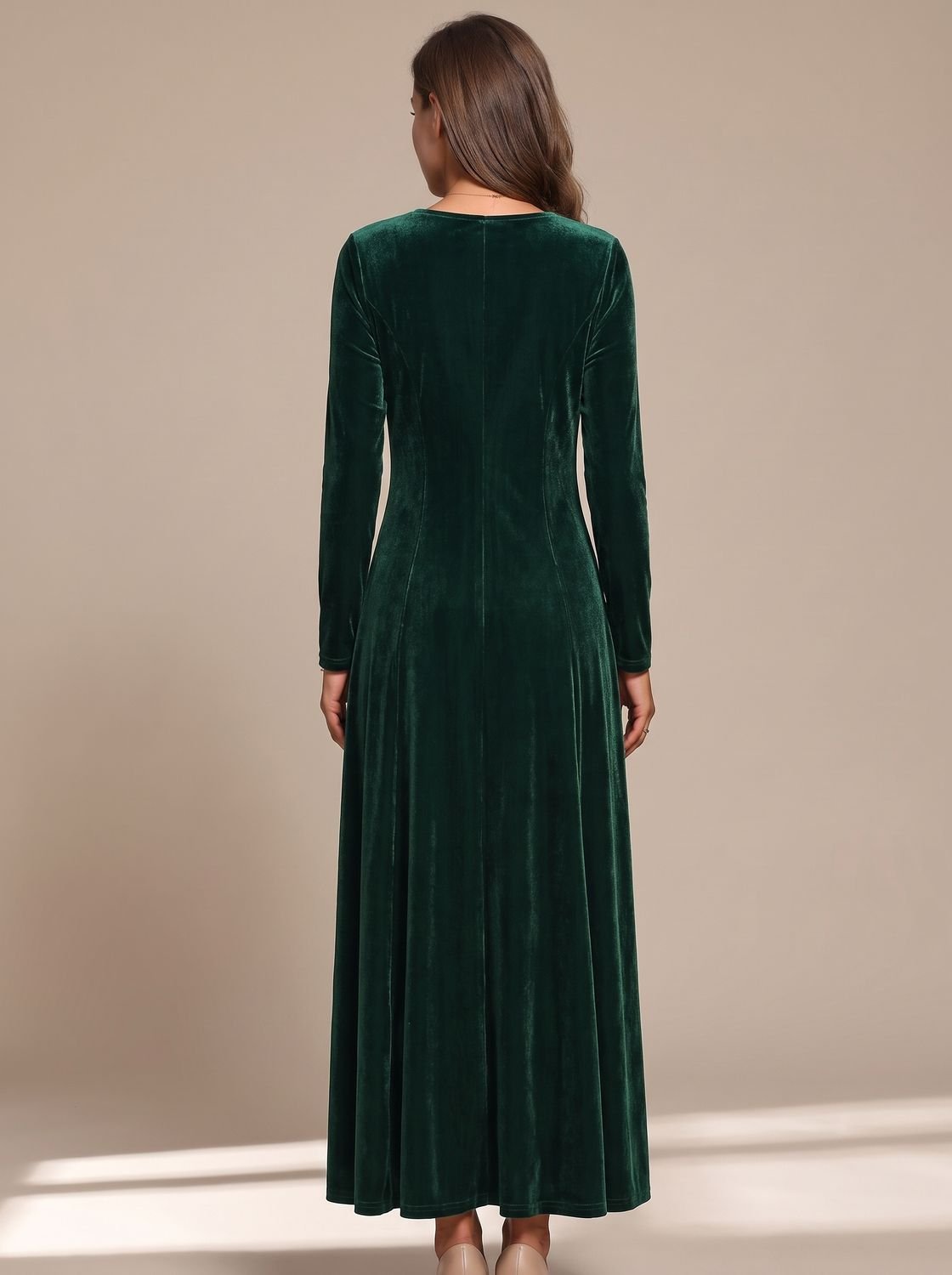 Women's Velvet Dress Long-Sleeve Round-Neck Maxi Dress