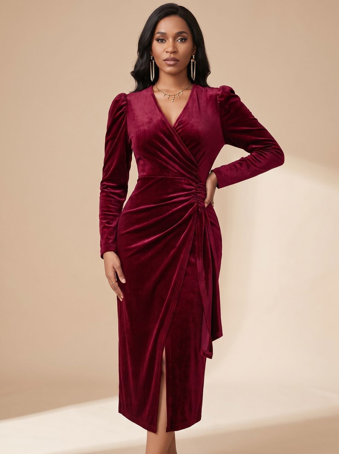 Women's Velvet Dress Midi Ruched Wrap V-Neck Long Sleeve