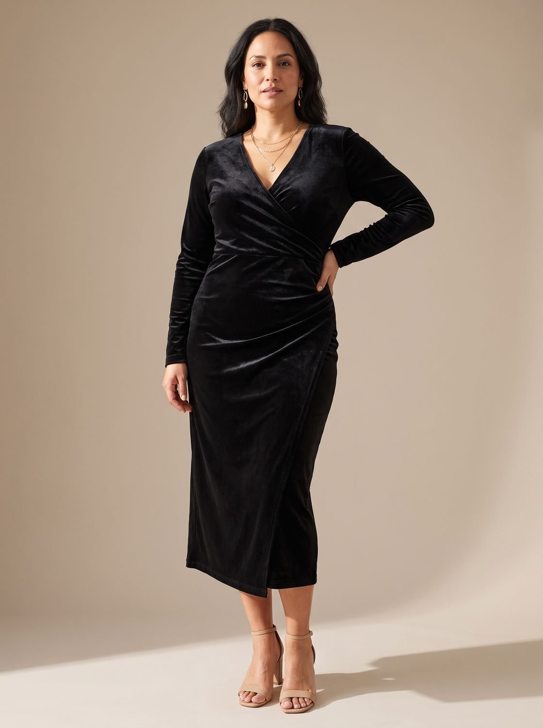 Women's Velvet Dress Midi Ruched Wrap V-Neck Long Sleeve