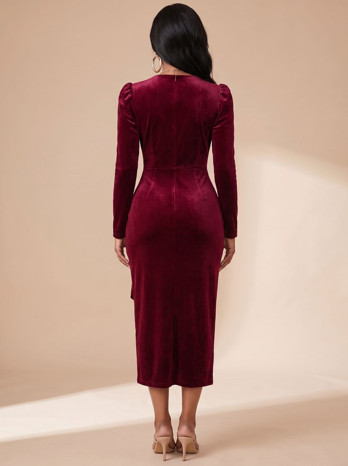Women's Velvet Dress Midi Ruched Wrap V-Neck Long Sleeve