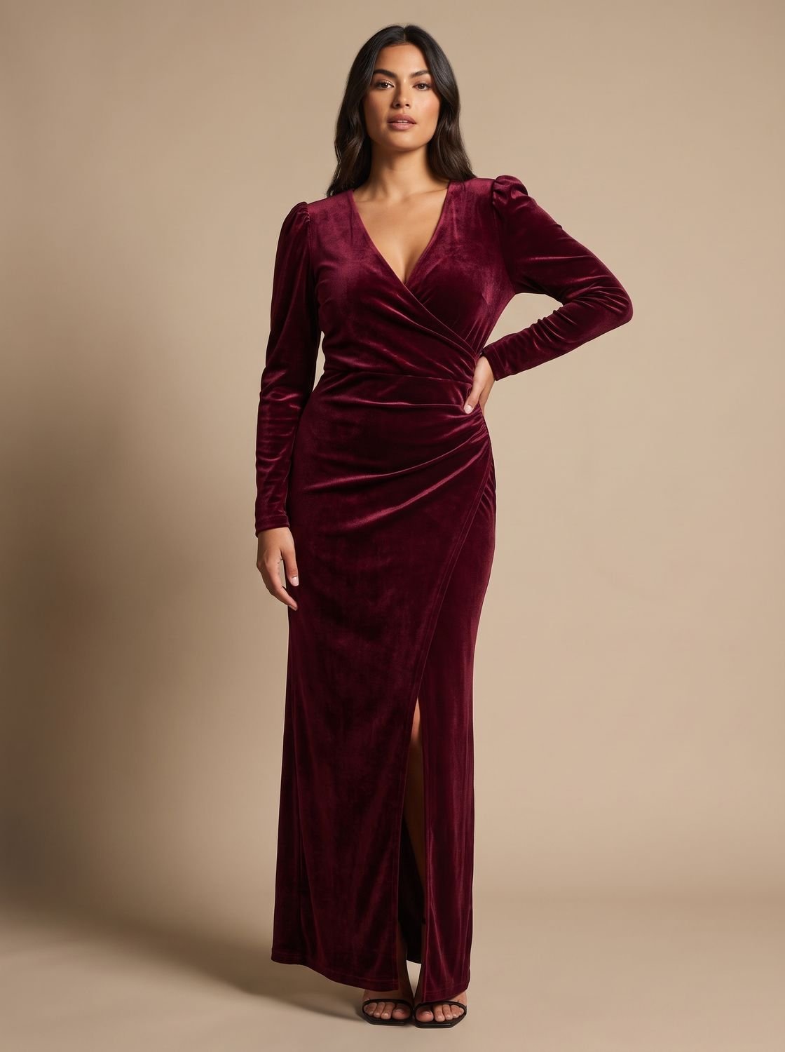 Women's Velvet Dress Midi Ruched Wrap V-Neck Long Sleeve - Crimson