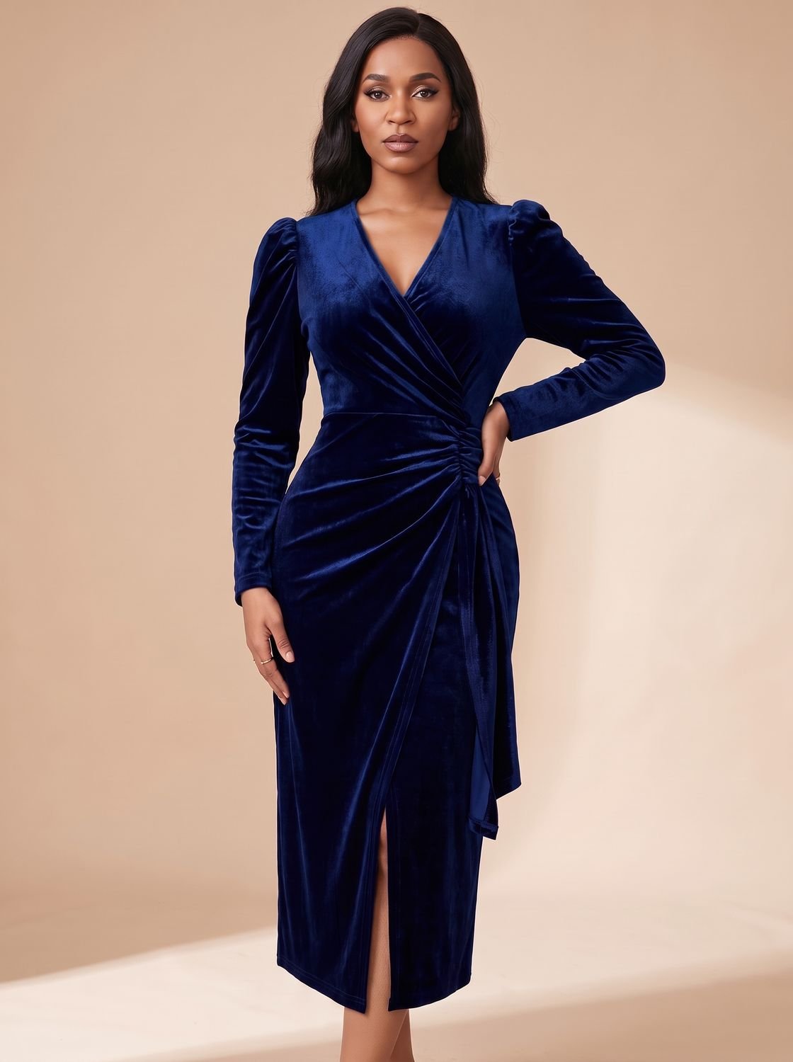 Women's Velvet Dress Midi Ruched Wrap V-Neck Long Sleeve - Navy Blue