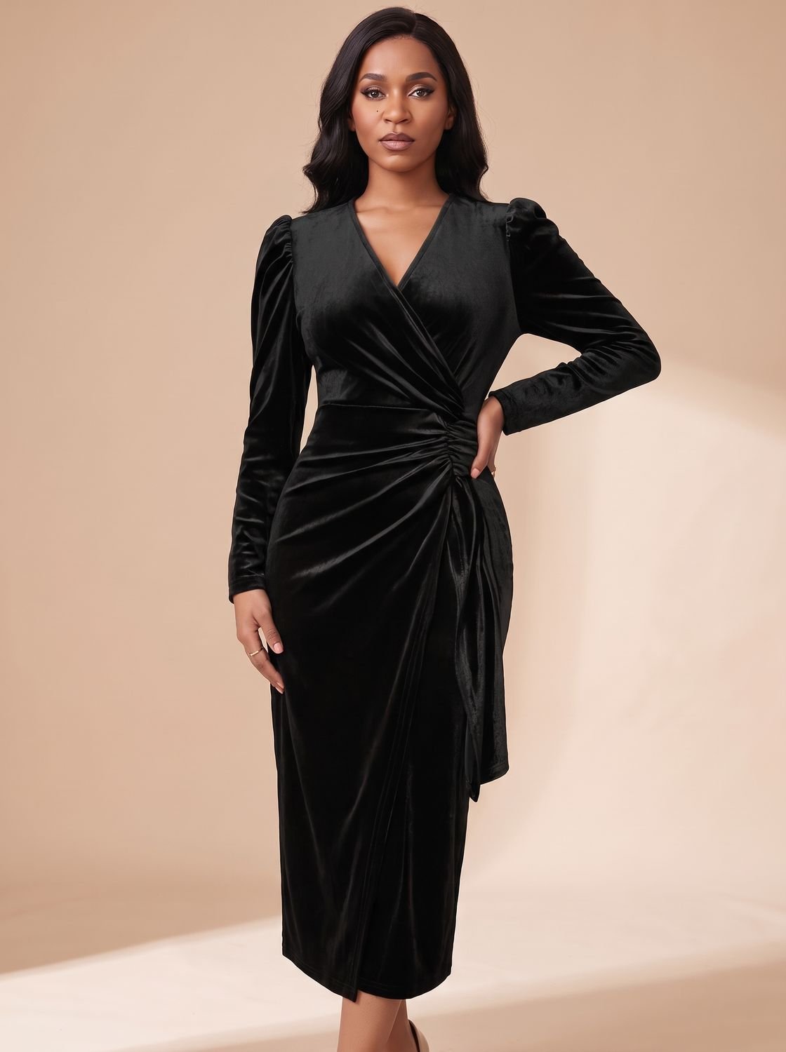 Women's Velvet Dress Midi Ruched Wrap V-Neck Long Sleeve - Black