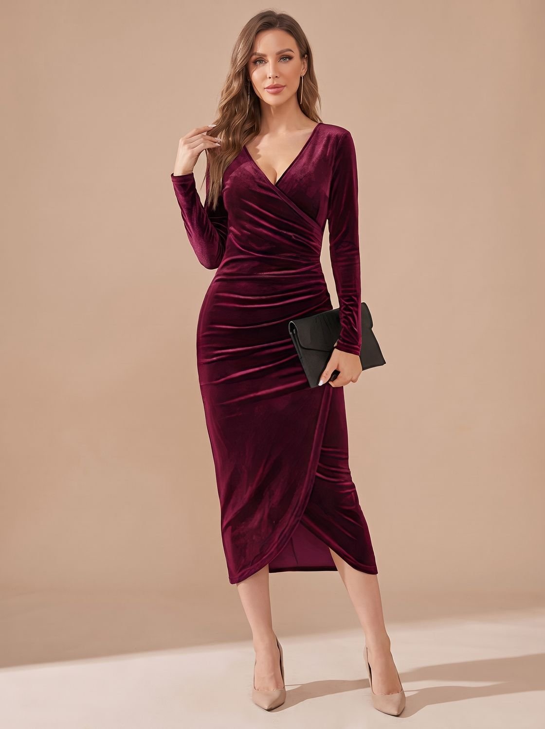 Women's Velvet Dress Ruched V-Neck Long Sleeve Midi Party Dress - Red