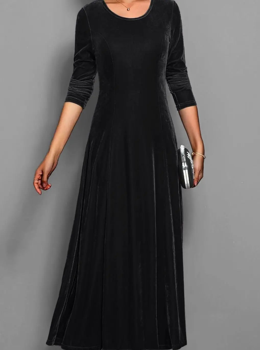 Women's Velvet Long Sleeve Formal Party Dress Maxi - Black