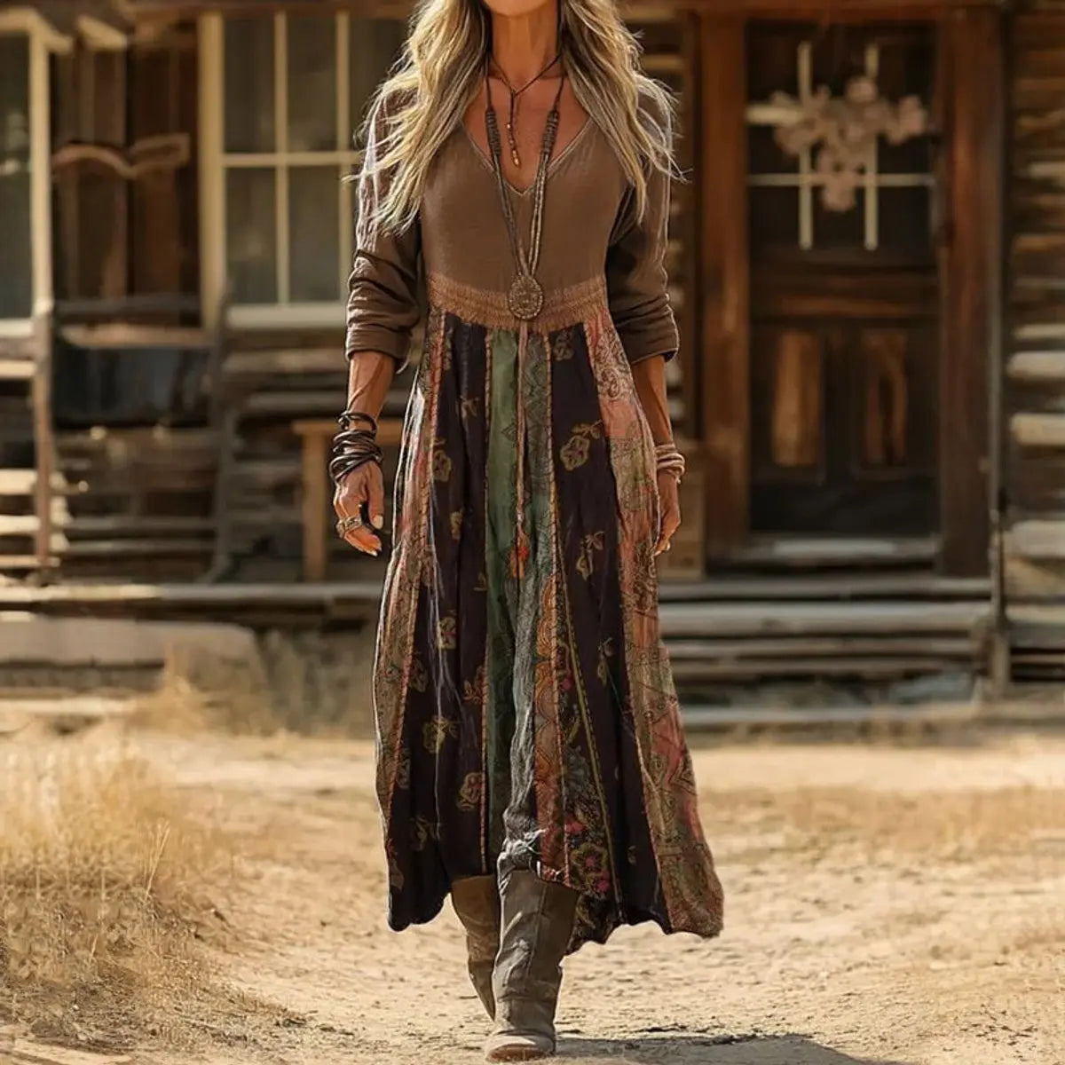 Women's Vintage Boho Patchwork Midi Long Sleeve Dress V-Neck