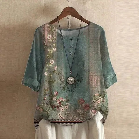 Women's Vintage Floral Blouse Relaxed Fit Short Sleeve - Green
