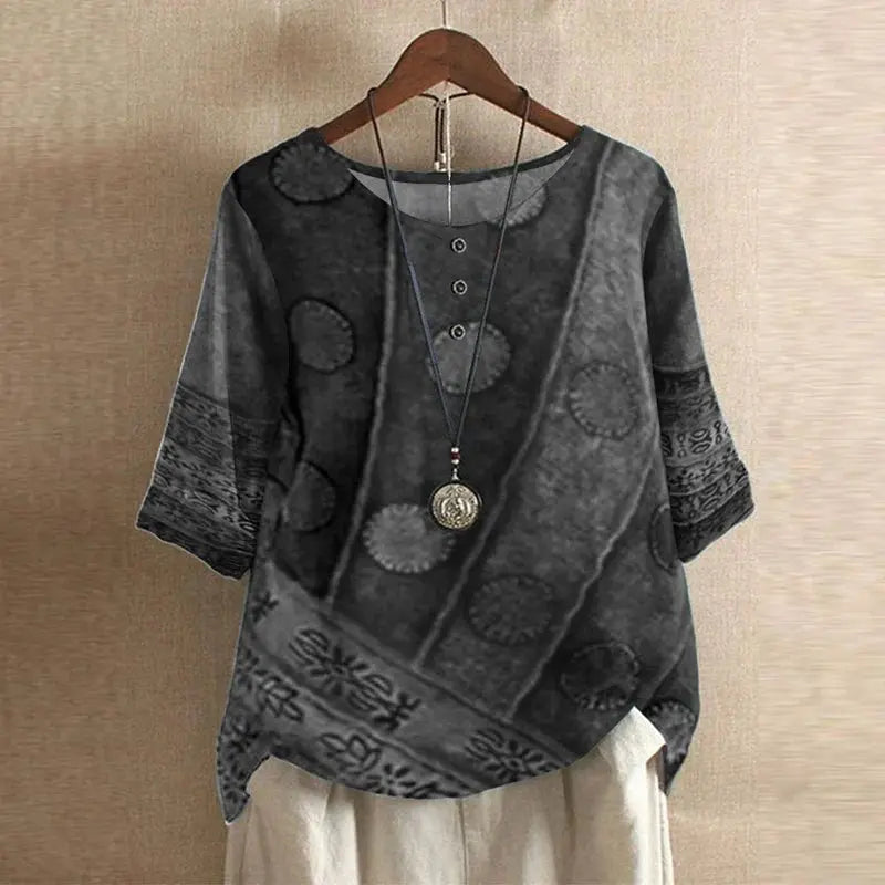 Women's Vintage Floral Blouse Relaxed Fit Short Sleeve - Gray