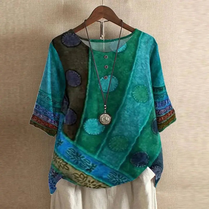 Women's Vintage Floral Blouse Relaxed Fit Short Sleeve - Blue/Green