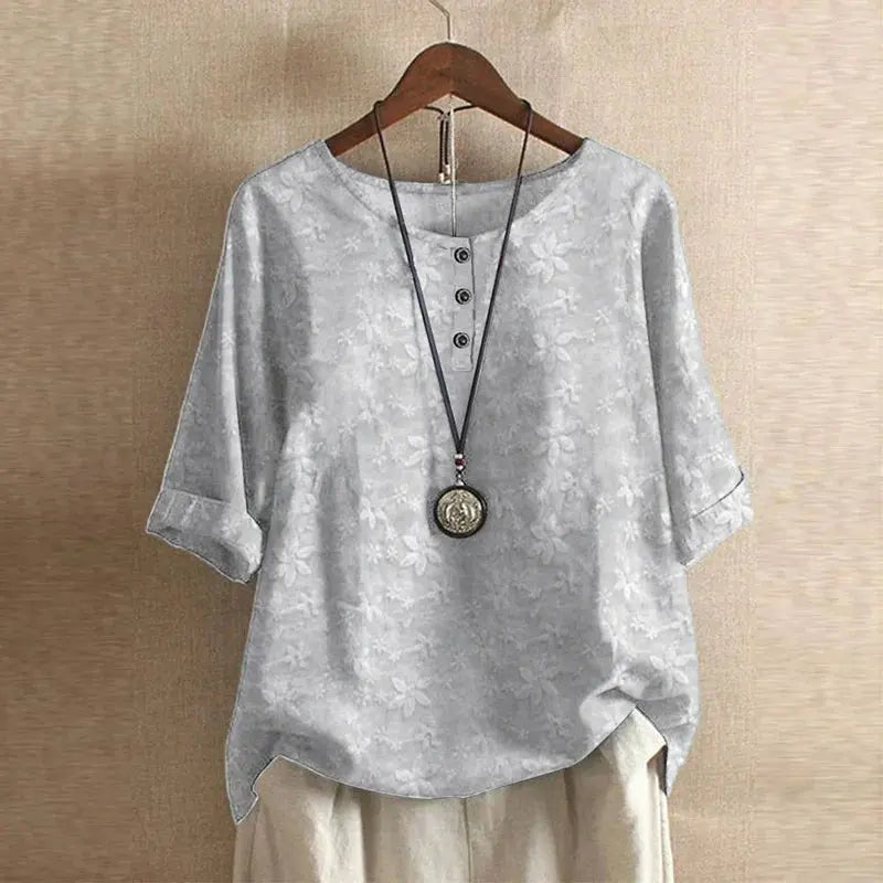 Women's Vintage Floral Blouse Relaxed Fit Short Sleeve - Light Gray