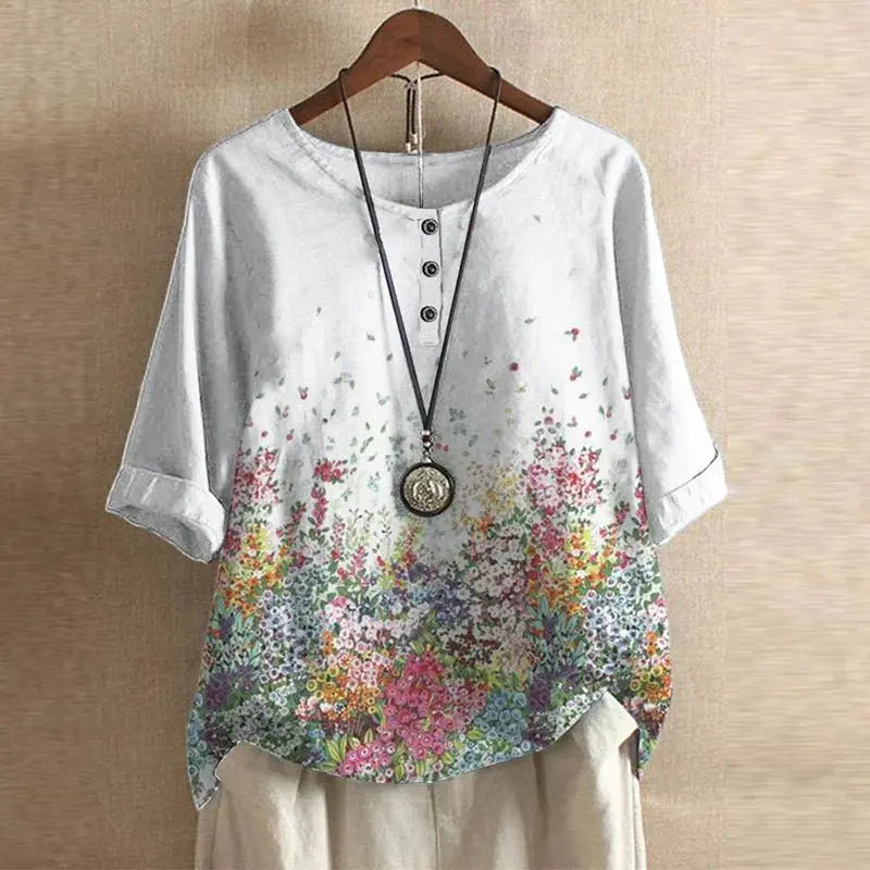 Women's Vintage Floral Blouse Relaxed Fit Short Sleeve - White