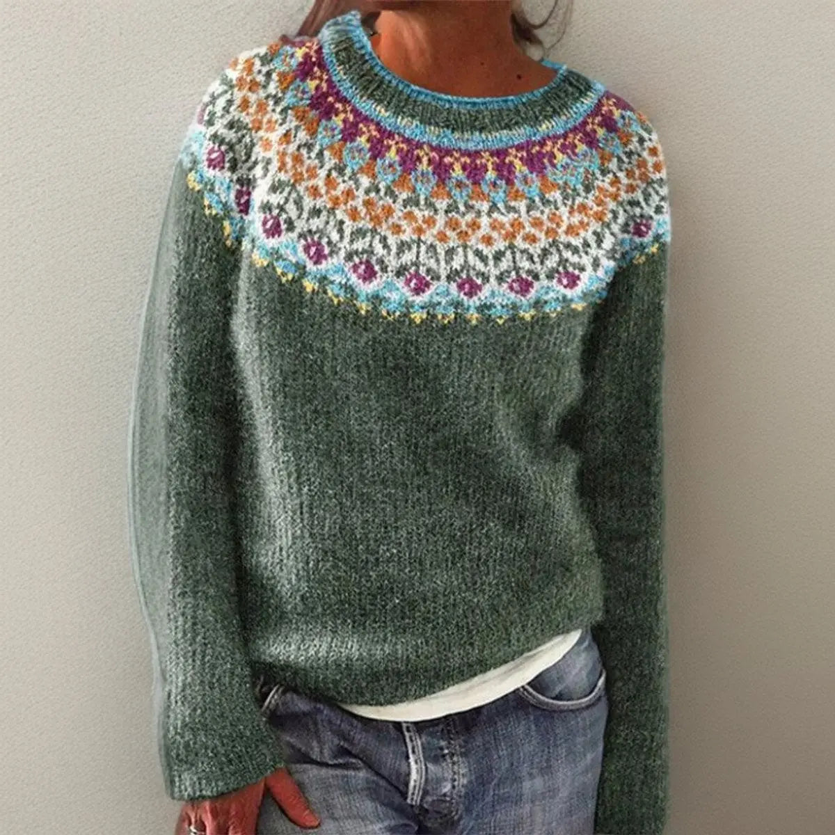 Women's Vintage Floral Yoke Icelandic Knit Sweater Jumper