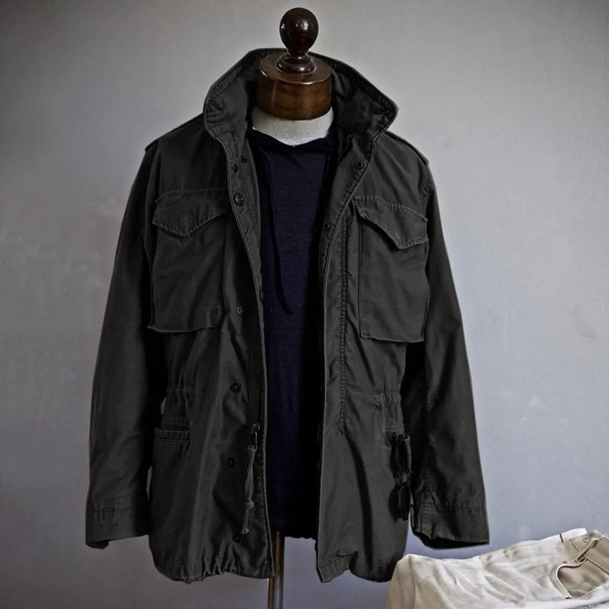 Women's Vintage Military Hooded Field Jacket Drawstring Cargo - Black