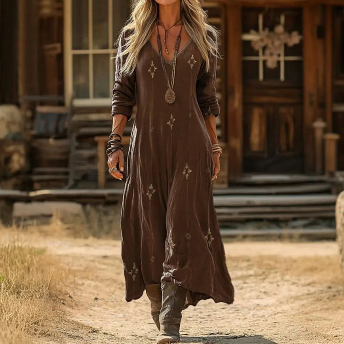 Women's Vintage-Print V-Neck Long Sleeve Dress Relaxed Maxi - Brown