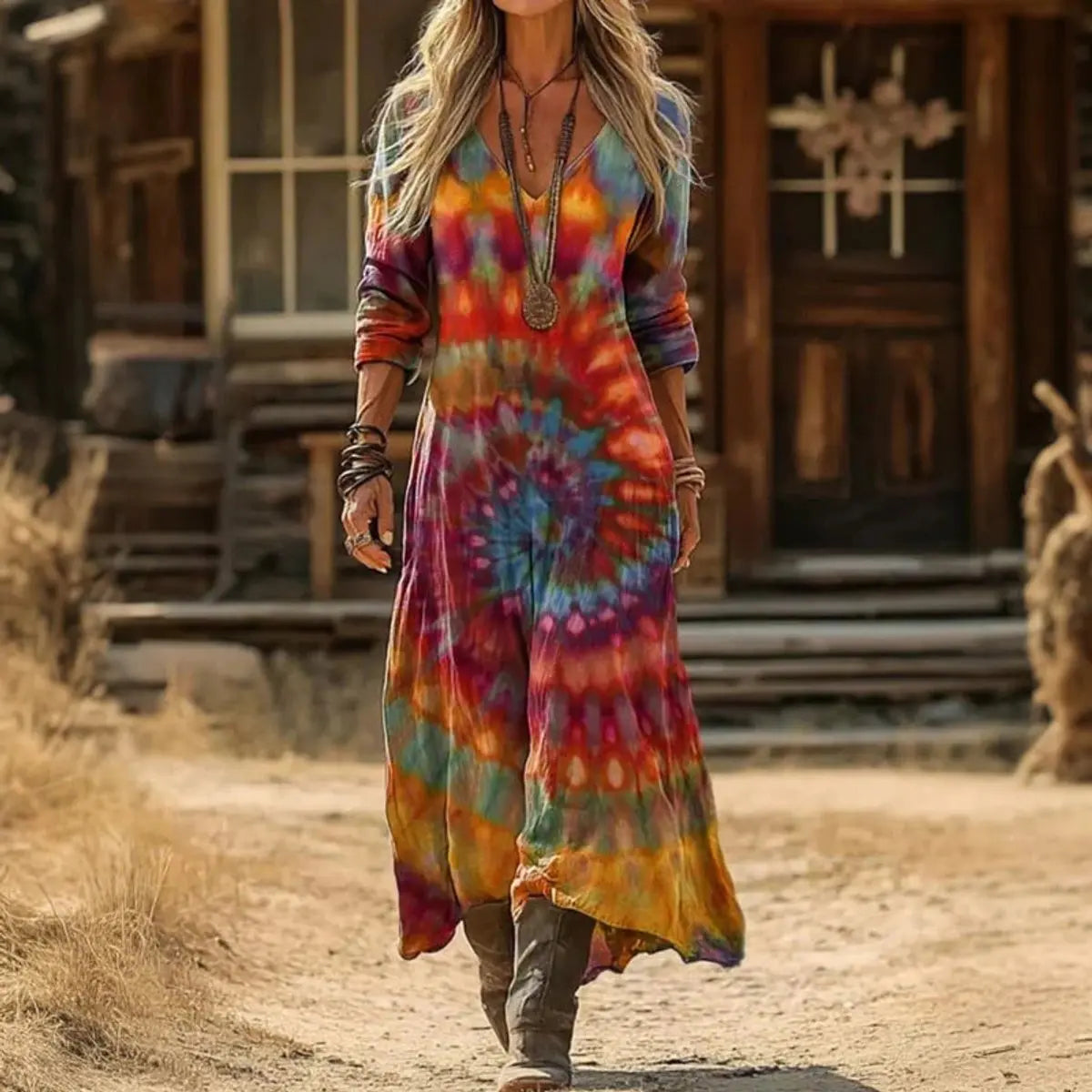 Women's Vintage-Print V-Neck Long Sleeve Dress Relaxed Maxi - Multicolour