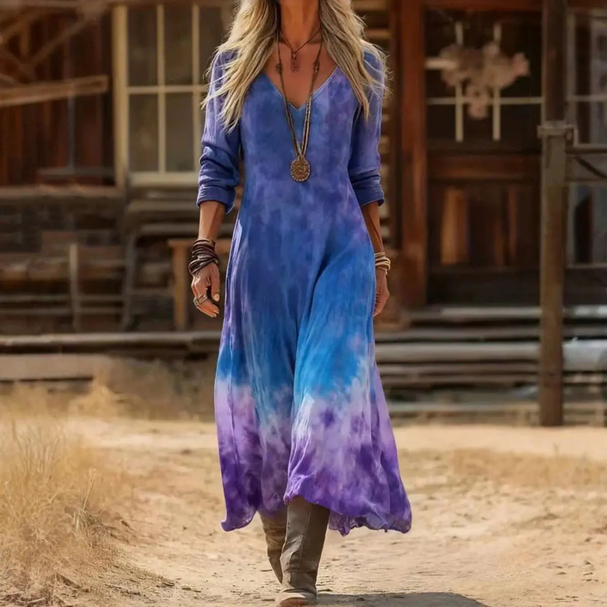 Women's Vintage-Print V-Neck Long Sleeve Dress Relaxed Maxi - Blue