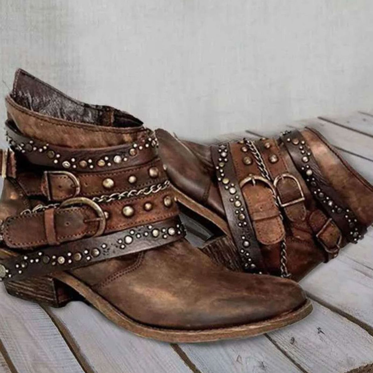 Women's Vintage Studded Buckle-Strap Western Ankle Boots