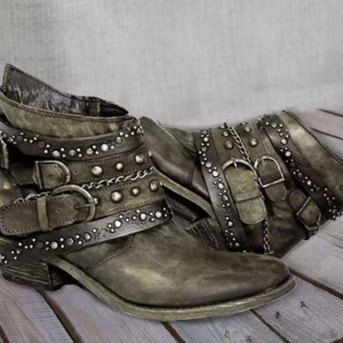 Women's Vintage Studded Buckle-Strap Western Ankle Boots