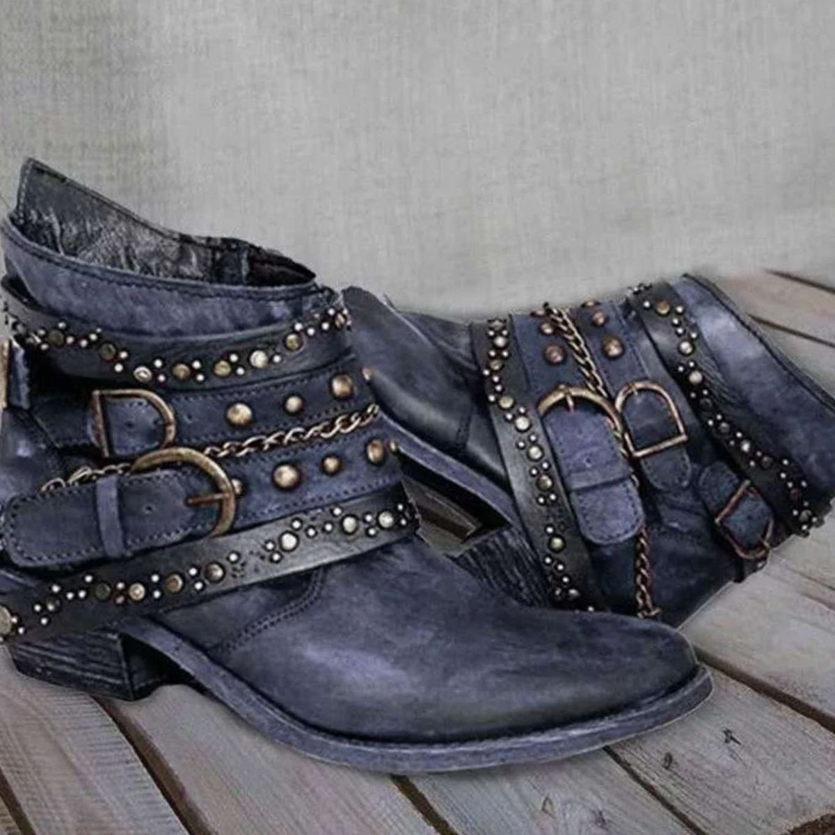Women's Vintage Studded Buckle-Strap Western Ankle Boots
