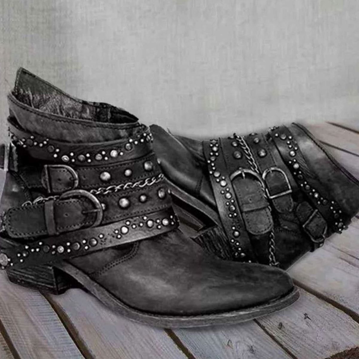 Women's Vintage Studded Buckle-Strap Western Ankle Boots