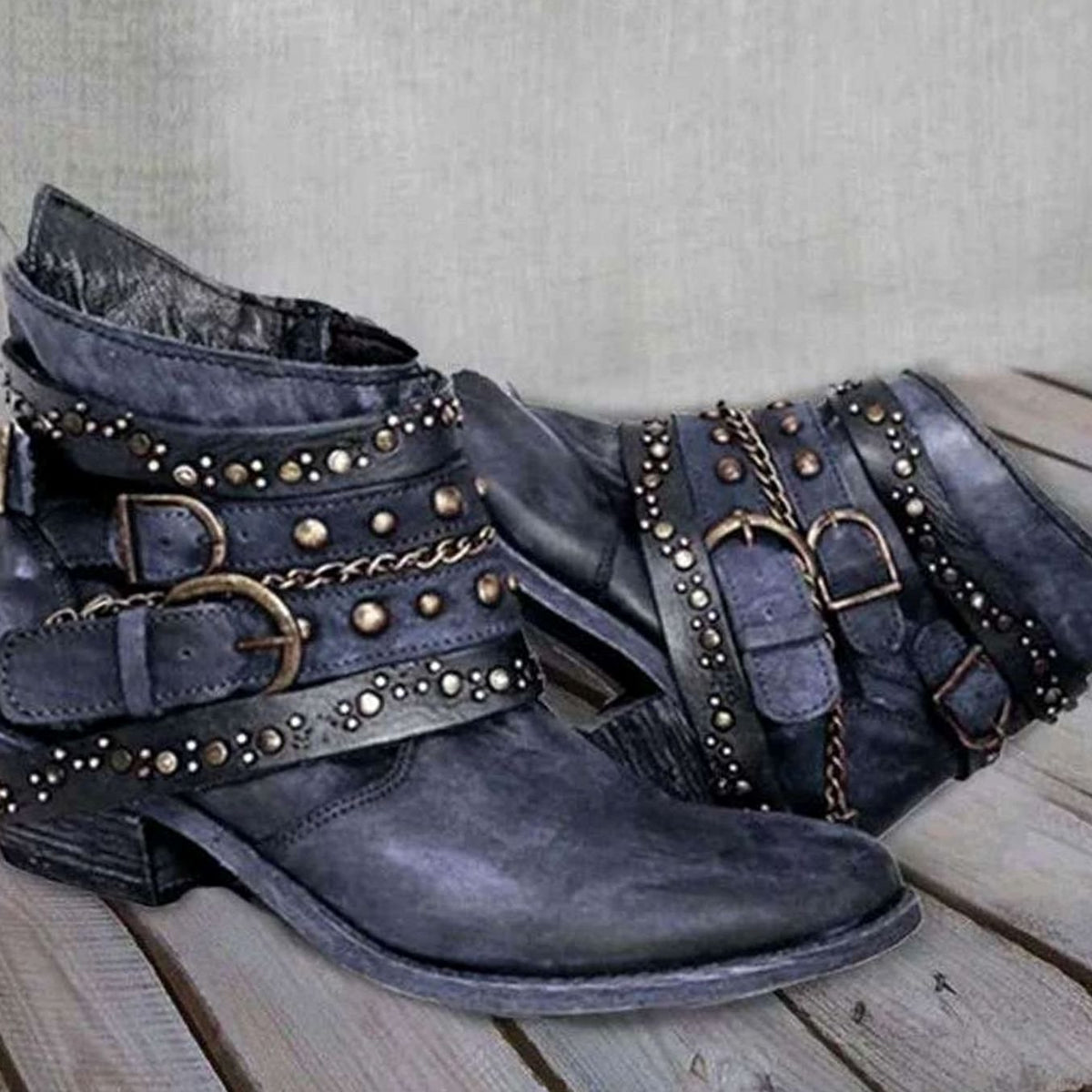 Women's Vintage Studded Buckle-Strap Western Ankle Boots - Blue