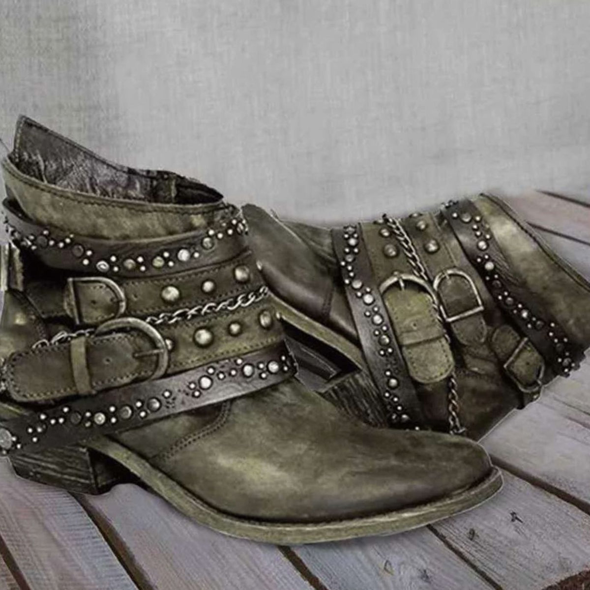 Women's Vintage Studded Buckle-Strap Western Ankle Boots - Green