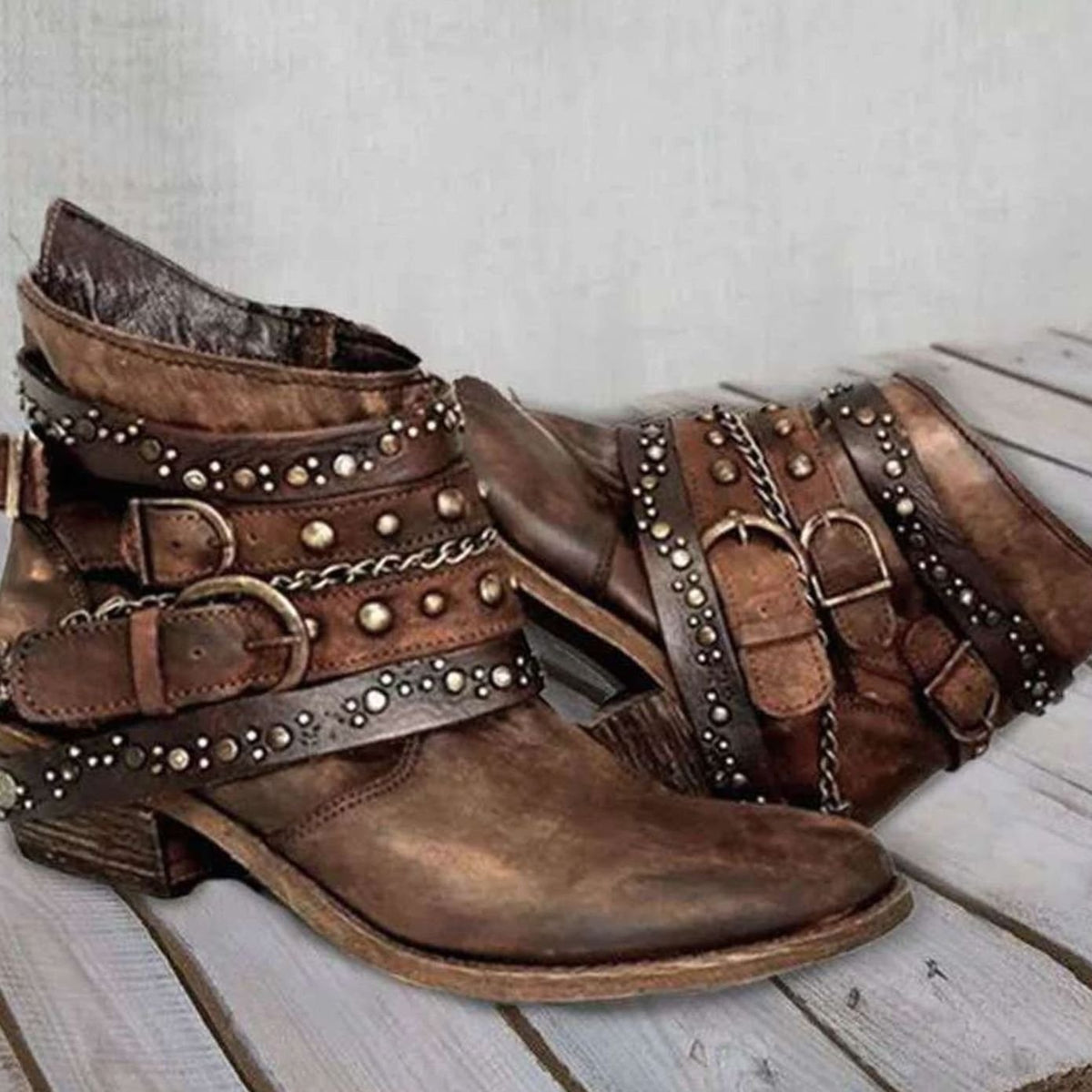 Women's Vintage Studded Buckle-Strap Western Ankle Boots - Brown