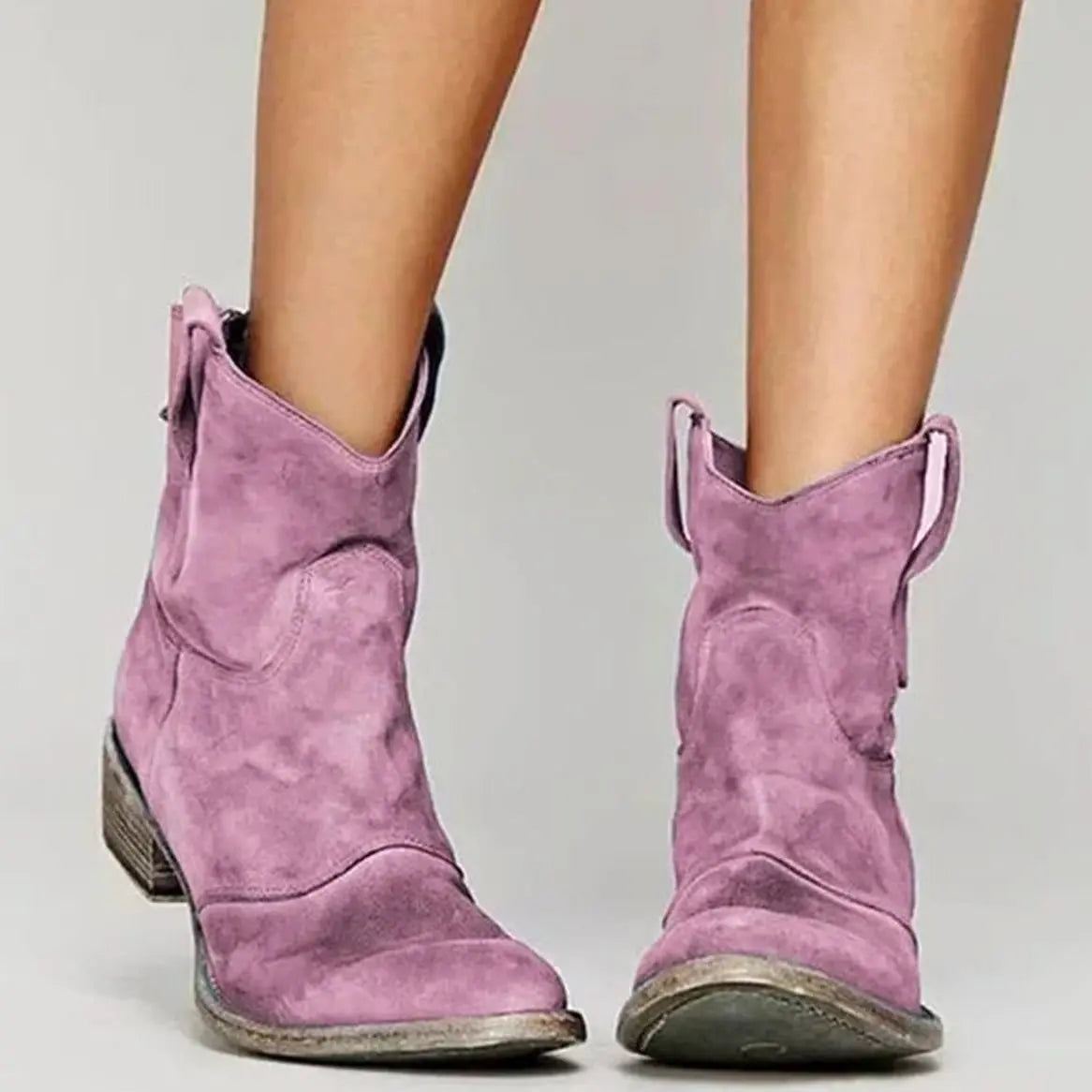 Women's Vintage Western Suede Slip-On Ankle Boots - Pink
