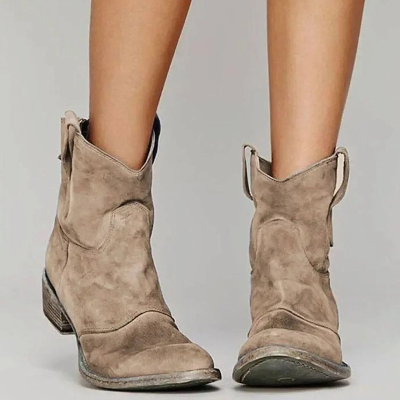 Women's Vintage Western Suede Slip-On Ankle Boots - Brown